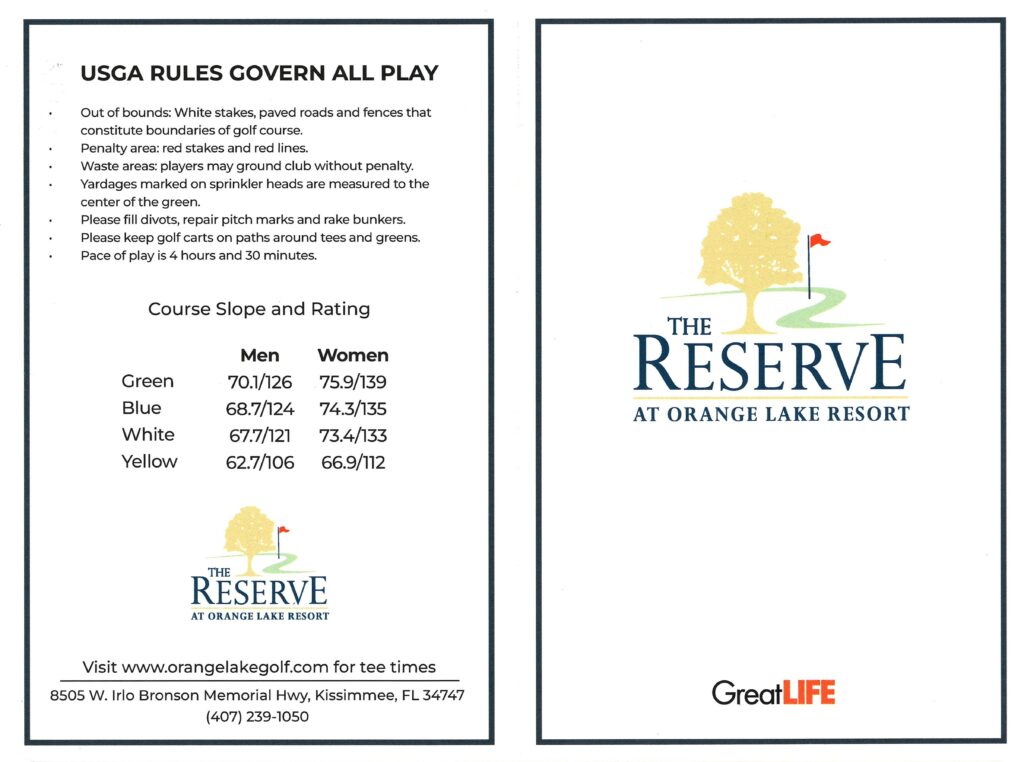 Reserve at Orange Lake Scorecard Front